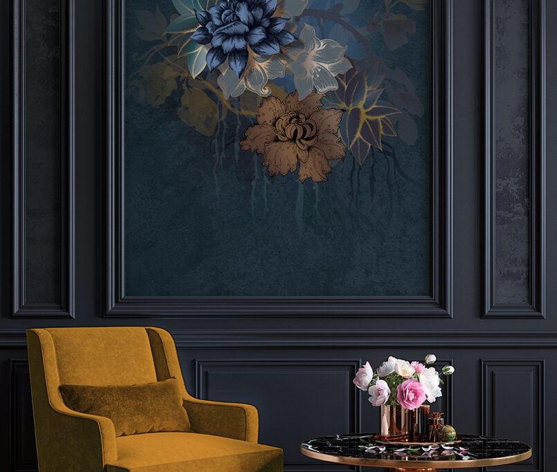 Classic black, dark interior with armchair, coffee table, flowers and wall moldings. 3d render illustration mockup.; Shutterstock ID 1612902592; Purchase Order: -
